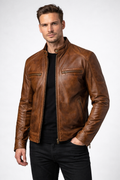 Men's Distressed Brown Lambskin Cafe Racer Jacket - Front