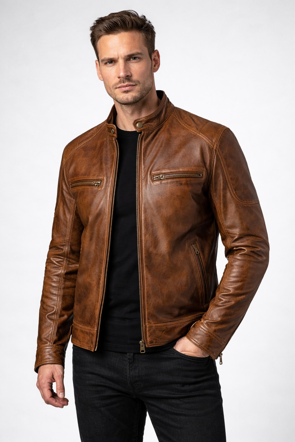 Men's Distressed Brown Lambskin Cafe Racer Jacket - Front