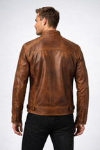 Men's Distressed Brown Lambskin Cafe Racer Jacket - Back