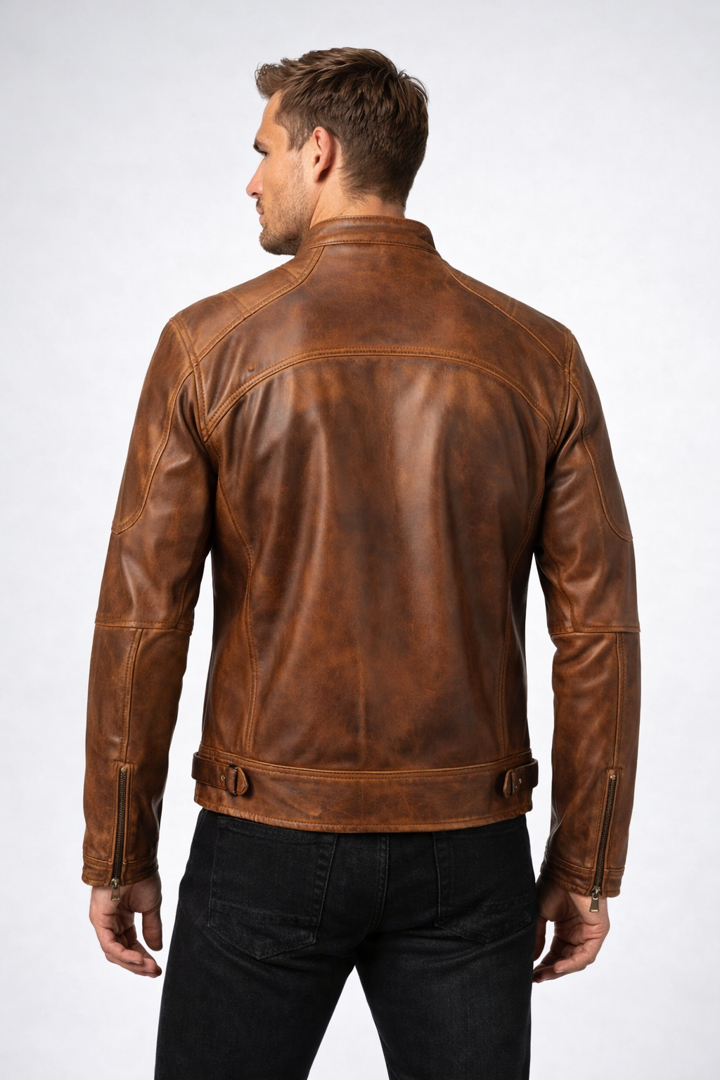 Men's Distressed Brown Lambskin Cafe Racer Jacket - Back