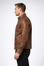 Men's Distressed Brown Lambskin Cafe Racer Jacket - Left