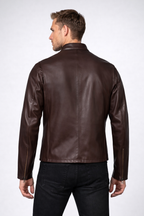 Men's Dark Brown Cowhide Leather Cafe Racer Jacket - Left
