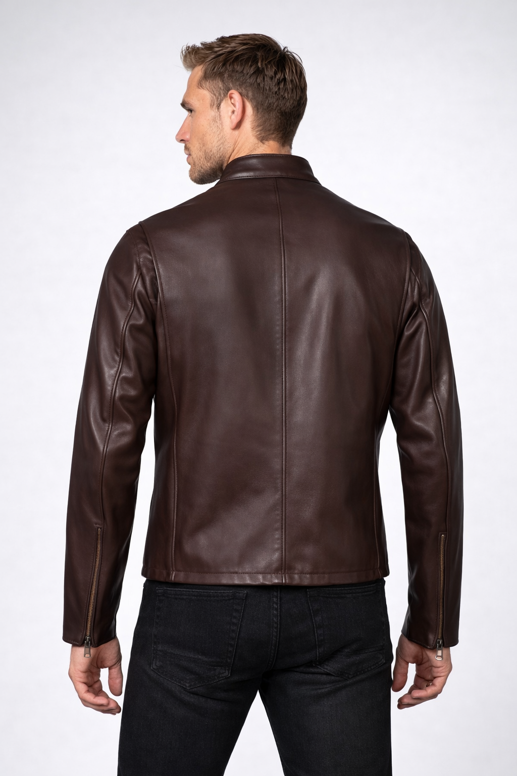 Men's Dark Brown Cowhide Leather Cafe Racer Jacket - Left