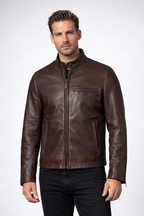 Men's Dark Brown Cowhide Leather Cafe Racer Jacket - Front