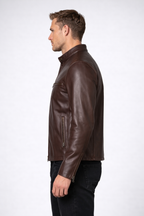 Men's Dark Brown Cowhide Leather Cafe Racer Jacket - Back