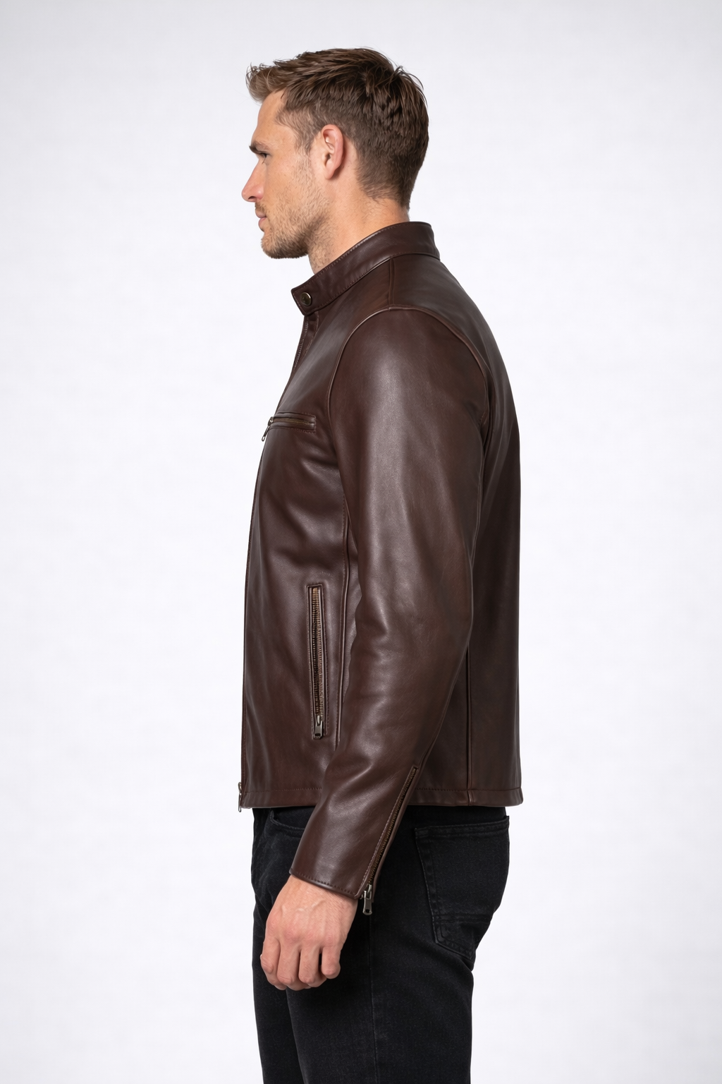 Men's Dark Brown Cowhide Leather Cafe Racer Jacket - Back