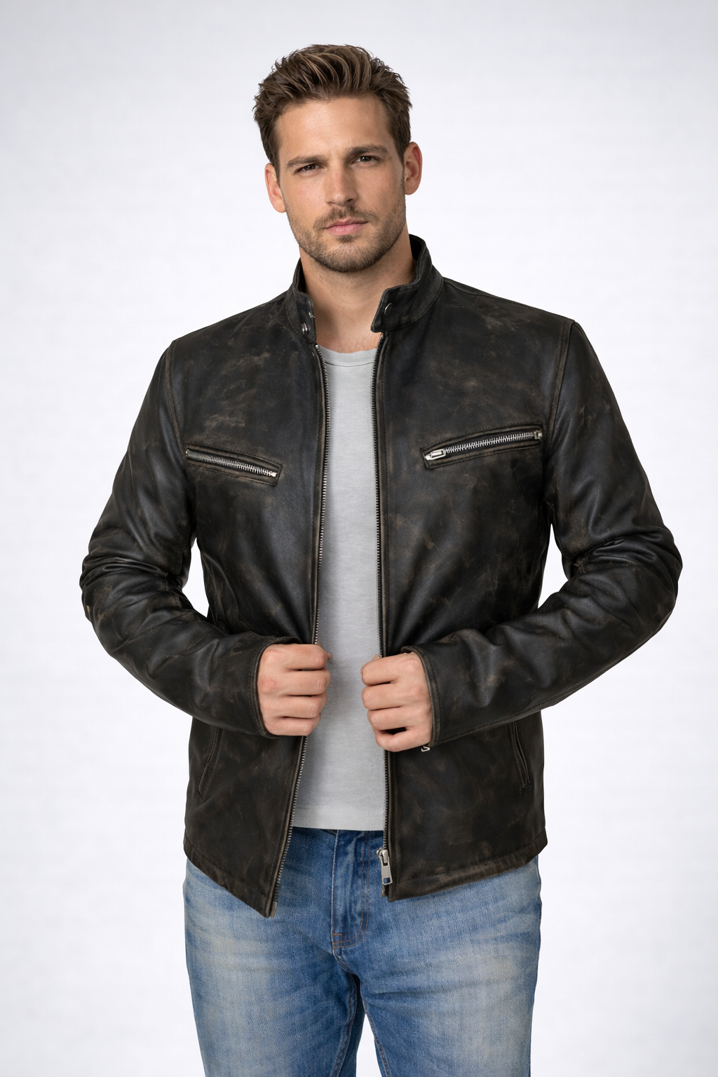 Distressed Brown Leather Biker Jacket - Front