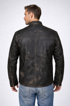 Distressed Brown Leather Biker Jacket - Back