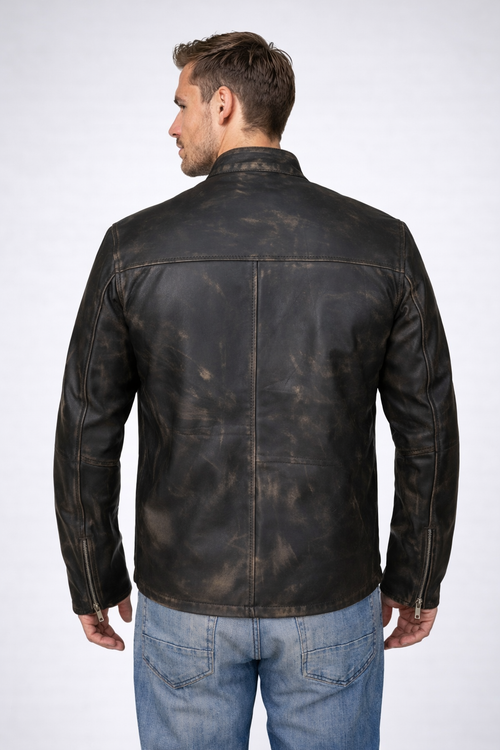 Distressed Brown Leather Biker Jacket - Back