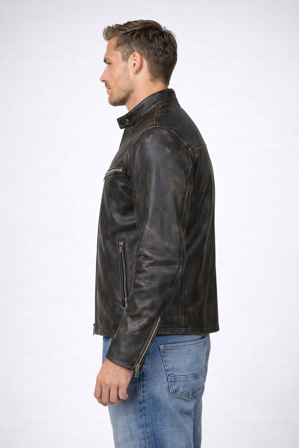 Distressed Brown Leather Biker Jacket - Left