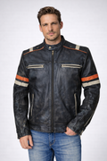 Men's Distressed Black Cafe Racer Leather Jacket - Front