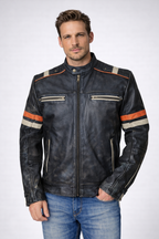 Men's Distressed Black Cafe Racer Leather Jacket - Front
