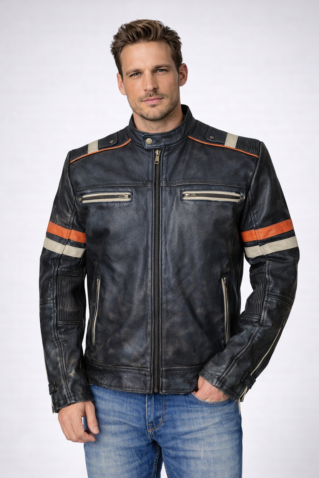 Men's Distressed Black Cafe Racer Leather Jacket - Front