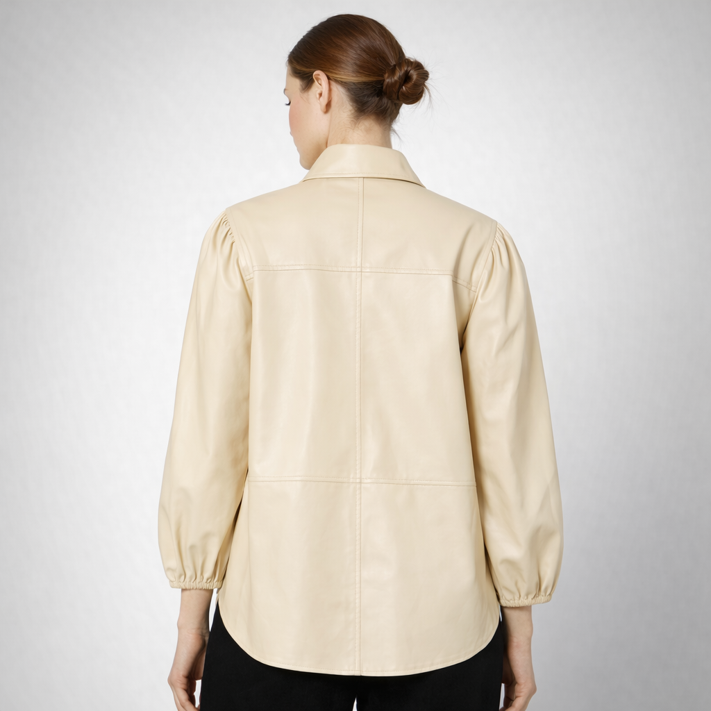 Women's Beige Long Sleeve Leather Shirt - Left