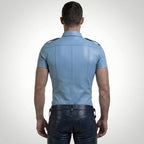 Men  Sleeve Police Style Lambskin Leather Shirt