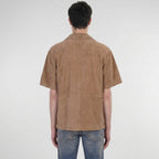 Men's Half Sleeve Suede Leather Shirt In Brown