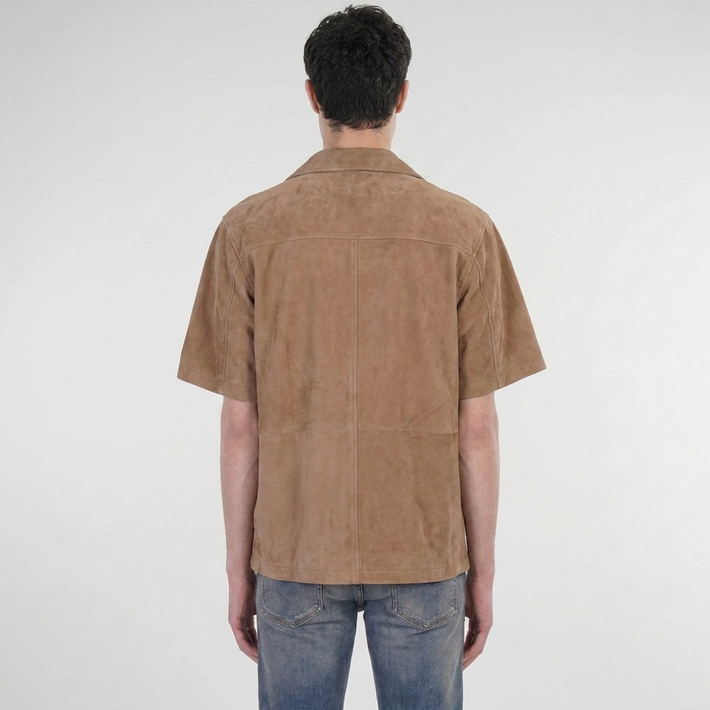 Men's Half Sleeve Suede Leather Shirt In Brown