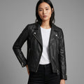 Women's Black Sheepskin Leather Biker Jacket - Front
