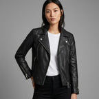 Women's Black Sheepskin Leather Biker Jacket - Front