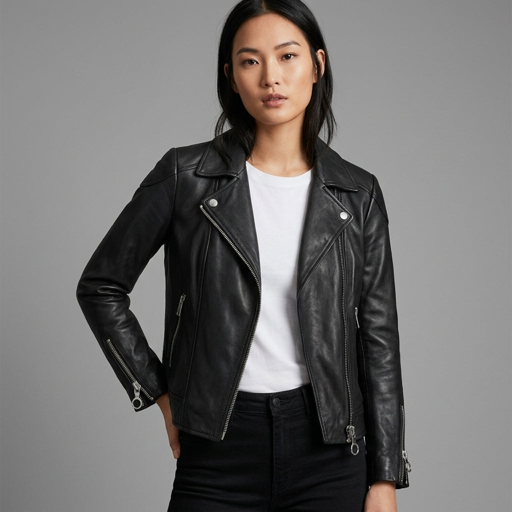 Women's Black Sheepskin Leather Biker Jacket - Front