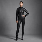 Women's Black Leather Jumpsuit - Front