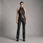 Women's Black Leather Jumpsuits - Front