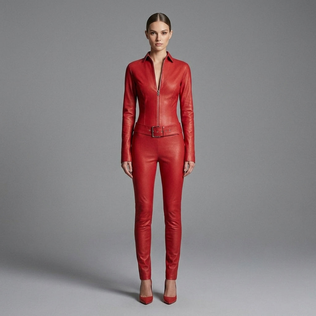 Women's Red Leather Jumpsuit - Front