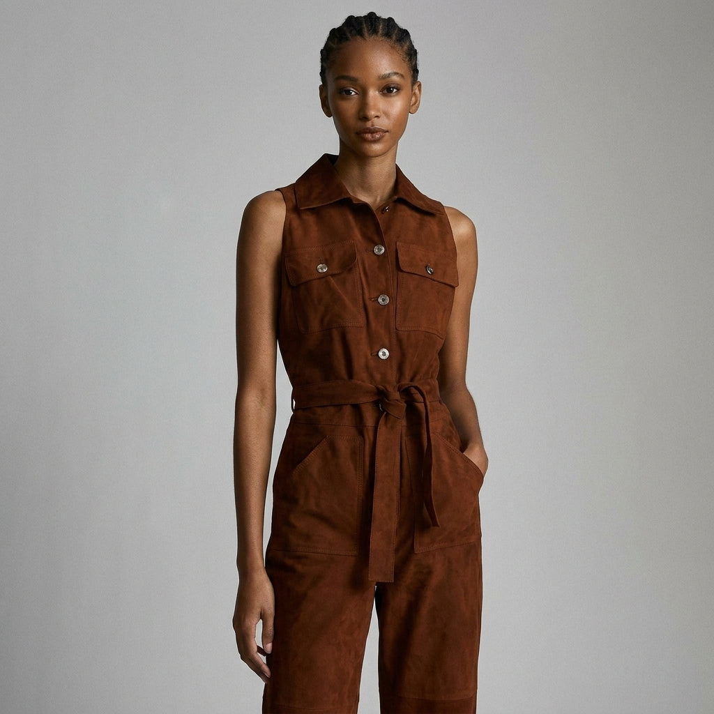 Women's Brown Leather Romper - Front