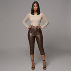 Women's Brown Leather Capris - Front