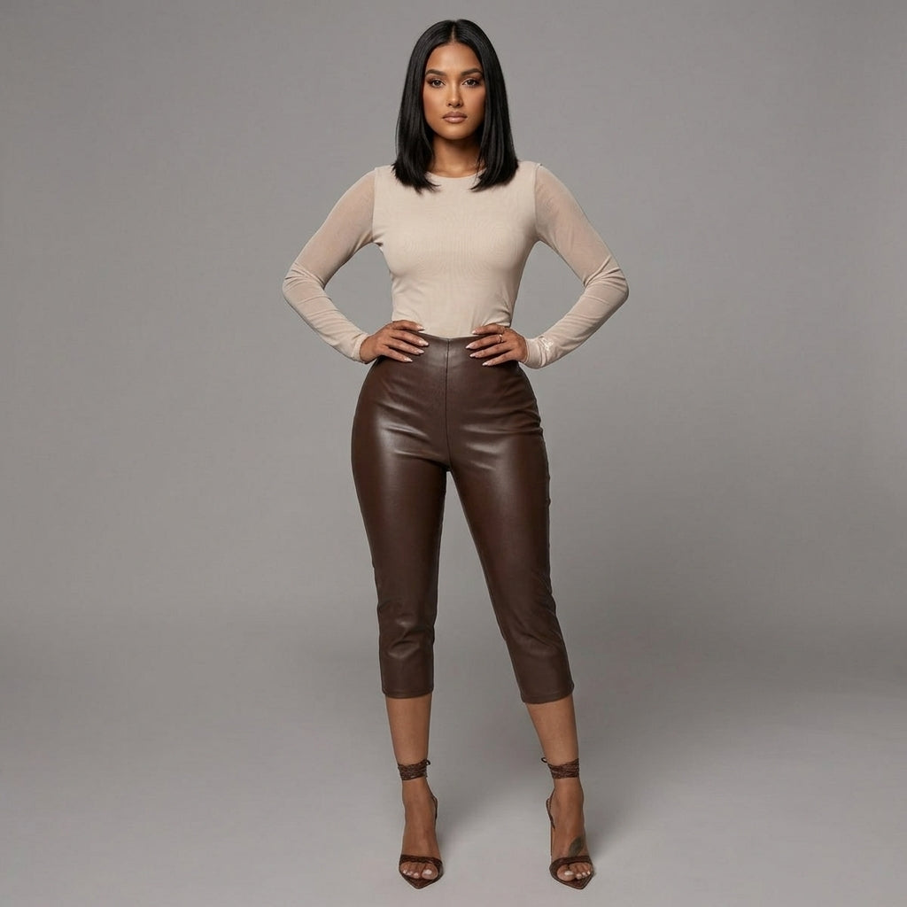 Women's Brown Leather Capris - Front