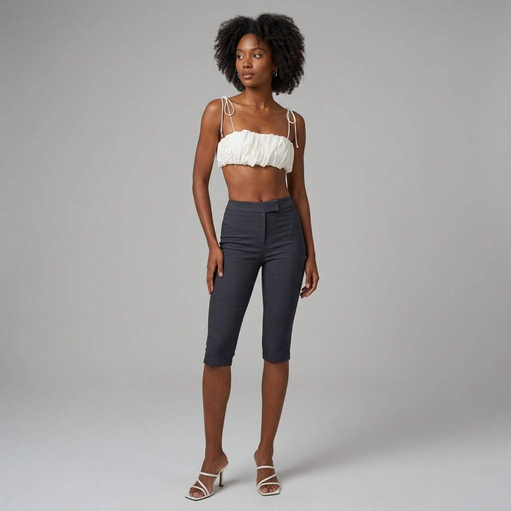 Women's Dark Grey Cropped Leather Capris - Front