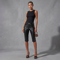 Women's Black PU Leather Flared Capri Pants - Front