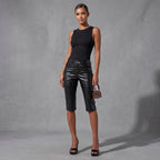 Women's Black PU Leather Flared Capri Pants - Front