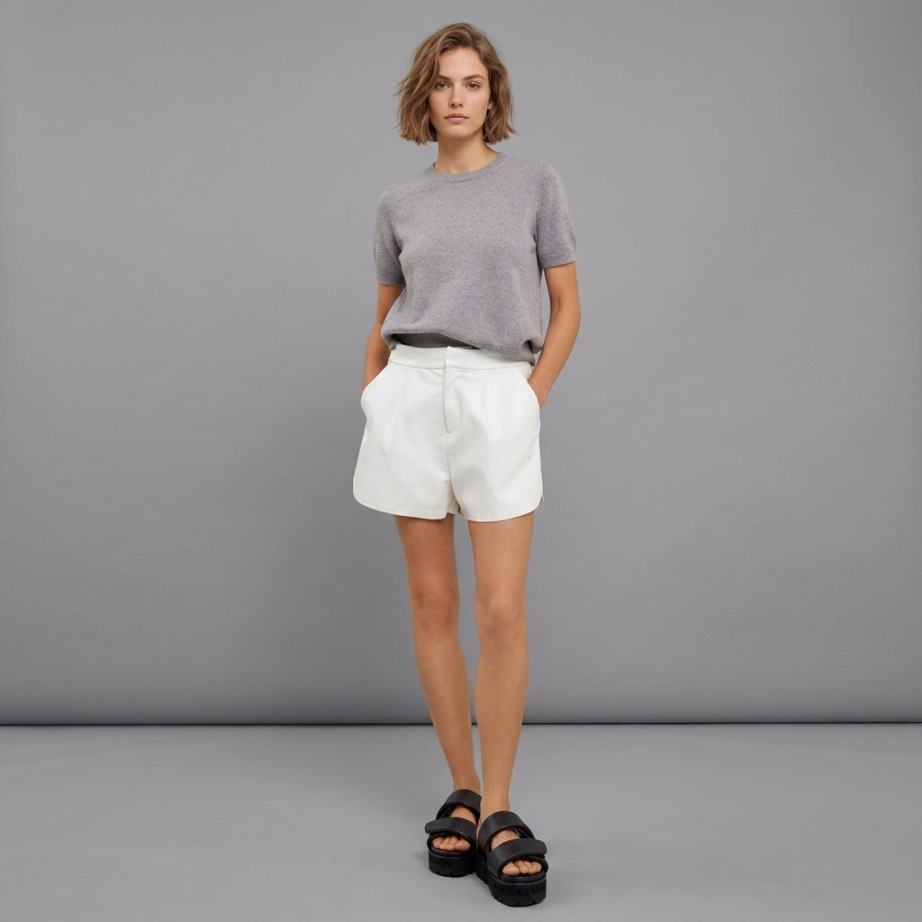 Women's White Leather Shorts - Front