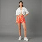 Women's Orange Leather Shorts - Front