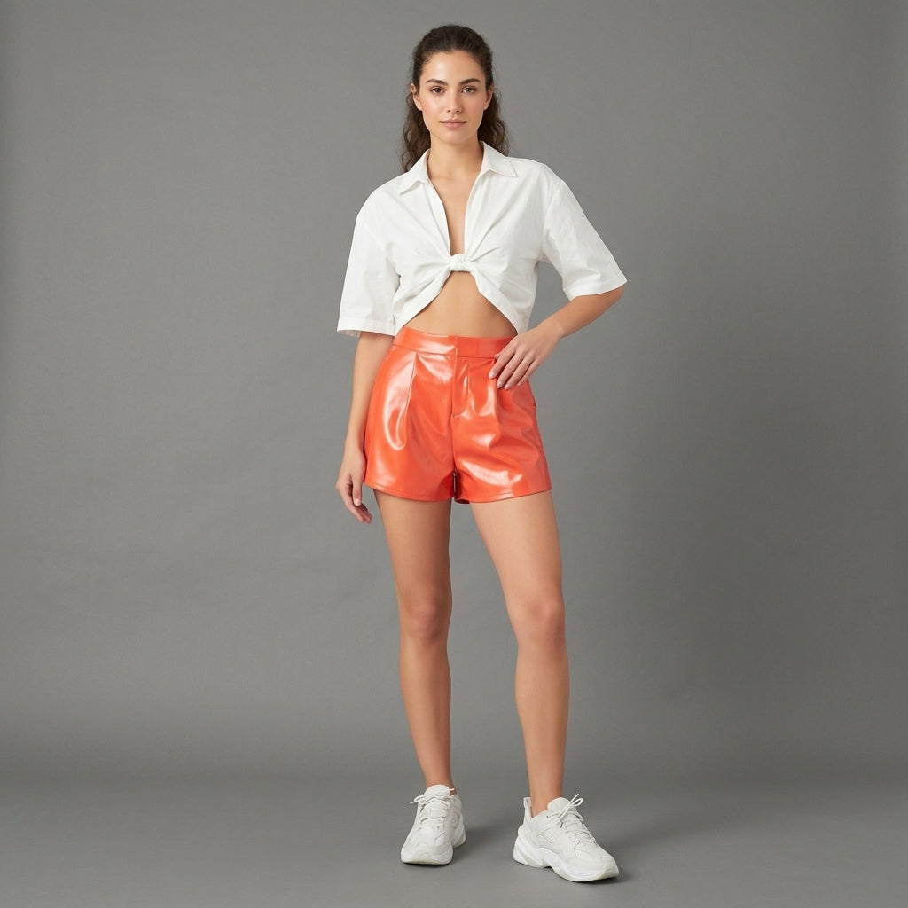 Women's Orange Leather Shorts - Front