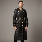 Women's Quilted Genuine Leather Trench Coat - Front