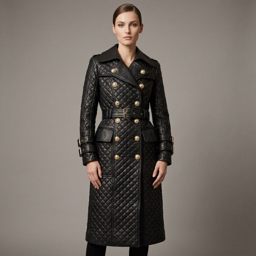 Women's Quilted Genuine Leather Trench Coat - Front