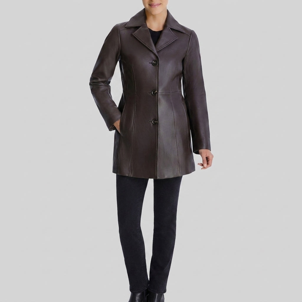 Petite Button Down Leather Coat - Front