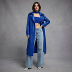 Women's Blue PU Leather Trench Coat - Front
