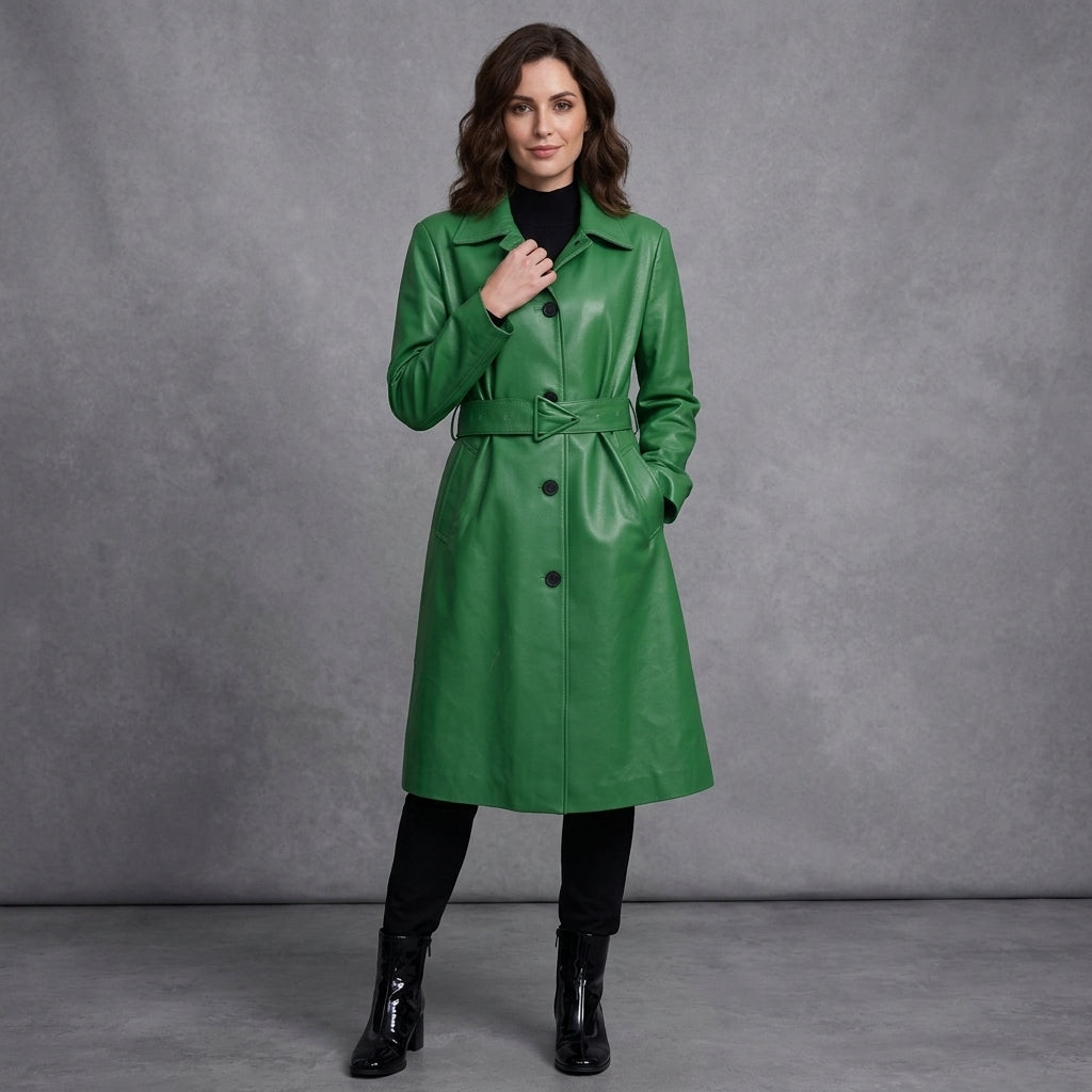 Women's Green Real Lambskin Leather Coat - Front