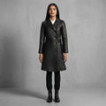 Women's Black Leather Trench Coat - Front