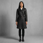 Women's Black Leather Trench Coat - Front