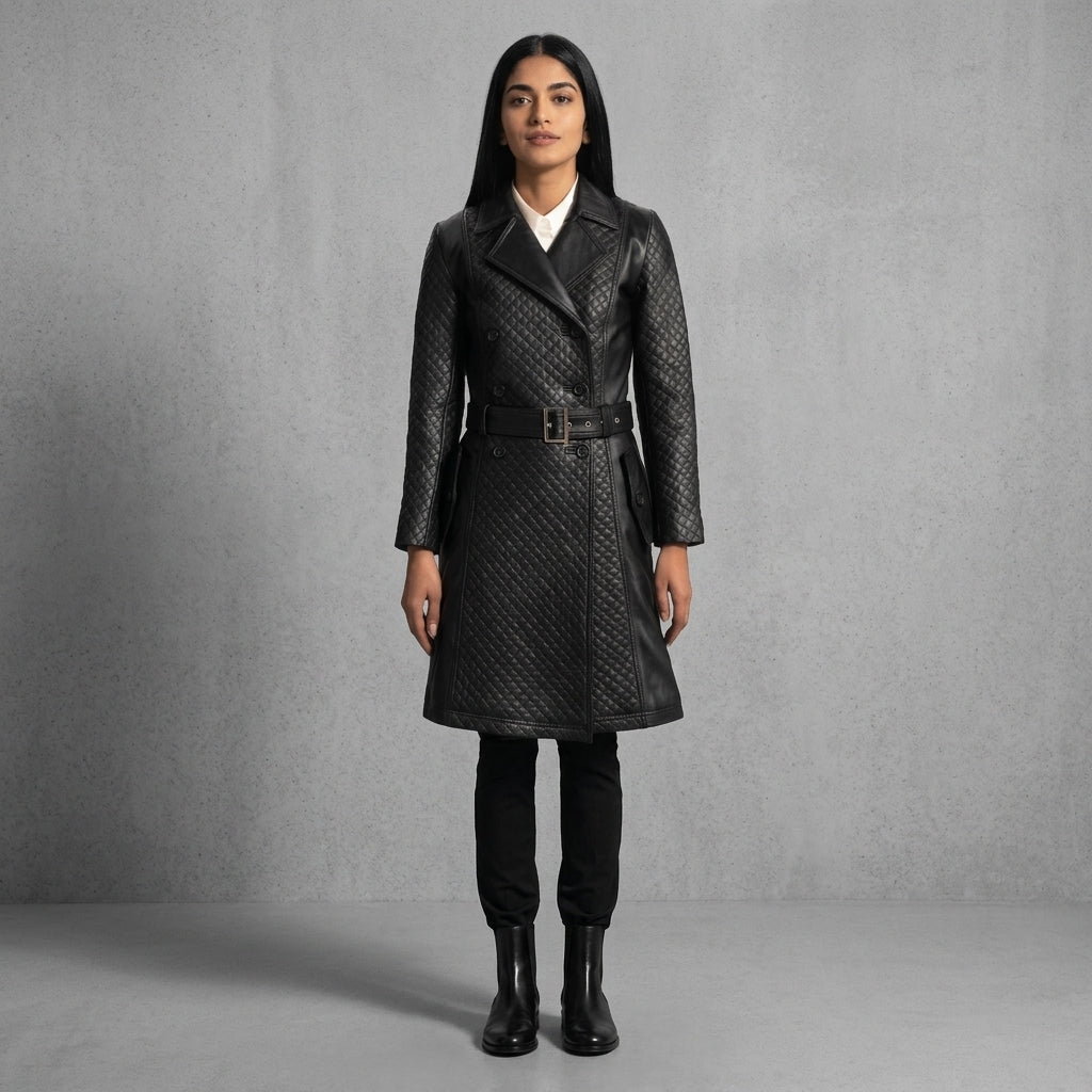 Women's Black Leather Trench Coat - Front