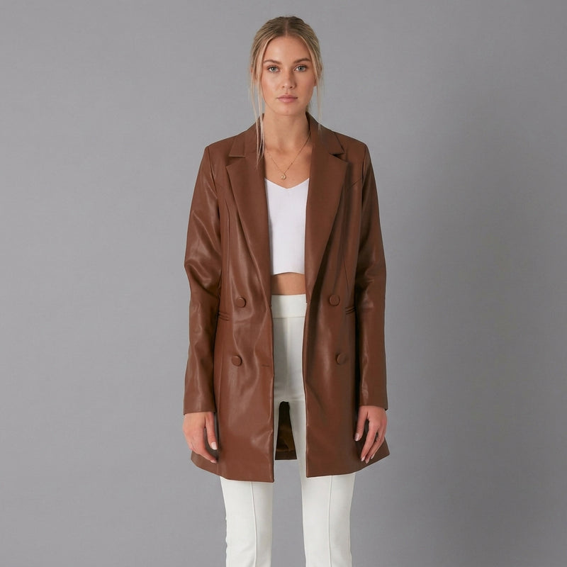 Brown Lambskin Leather Long Coat - Front