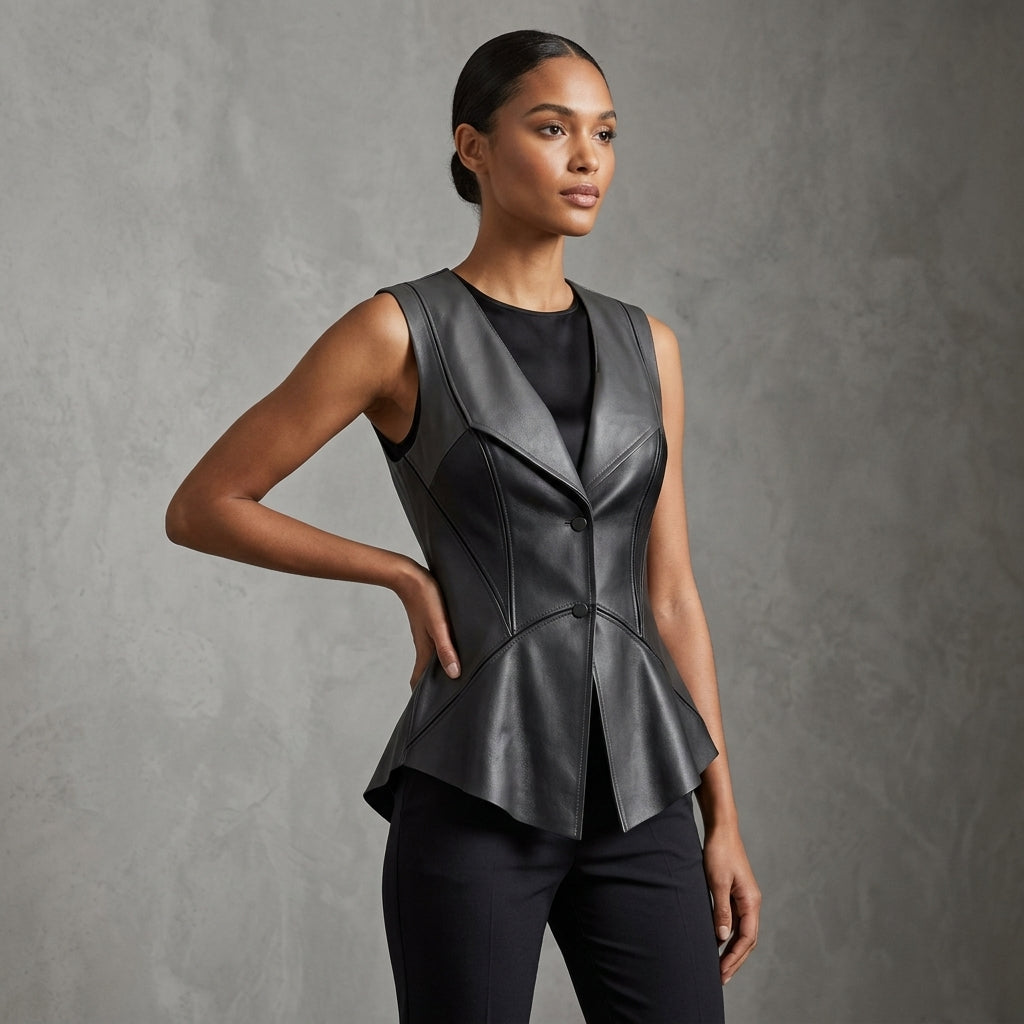 Women's Grey Leather Vest - Front