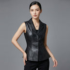 Women's Black Casual Leather Vest - Front