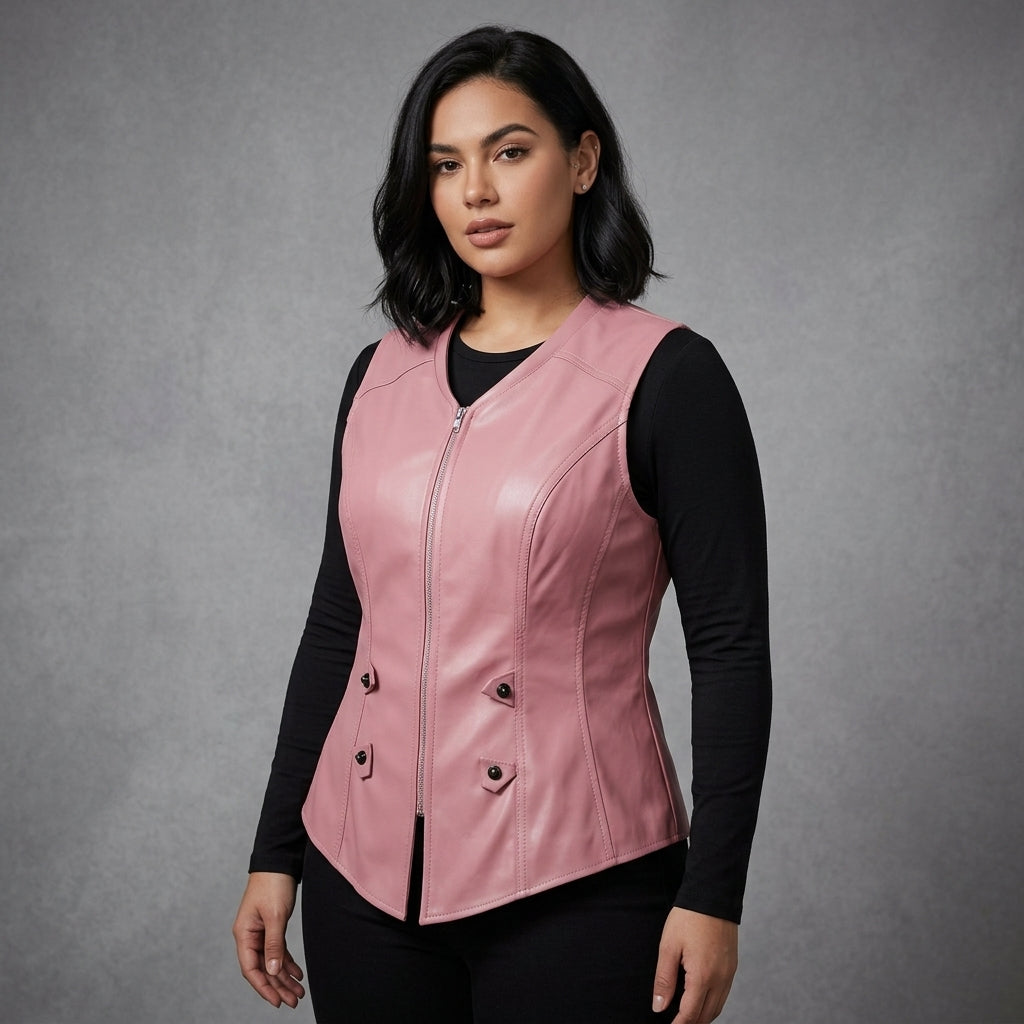 Women's Baby Pink Leather Vest - Front