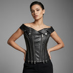 Women's Black Leather Corset Top - Front