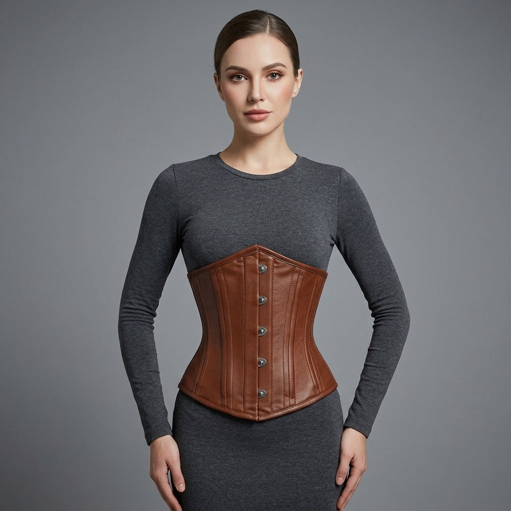 Women's Brown Leather Underbust Corset - Front